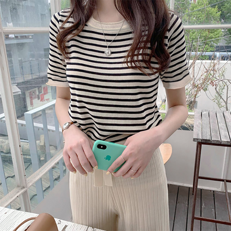 Ice silk sweater short-sleeved T-shirt summer new thin women's T-shirt thin bottoming beige striped top trendy