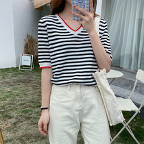 2021 new summer black and white striped short sleeve t-shirt womens thin vneckline pullover loose ice silk sweater top