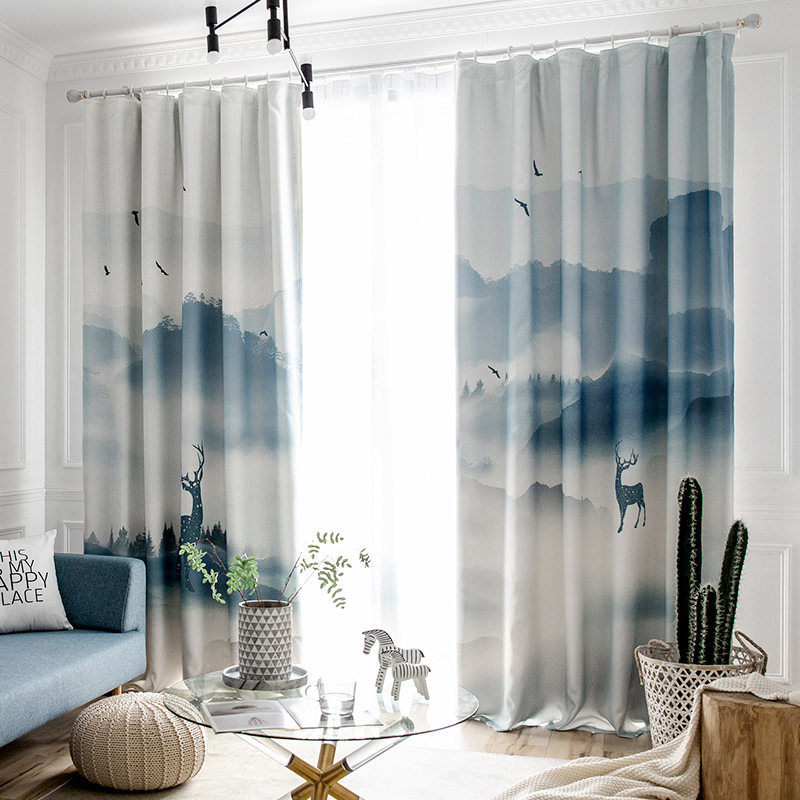 2022 New Chinese style Nordic wind curtains shading cloth curtain floating window screen Curtain Living Room Full-shading Bedroom hooks