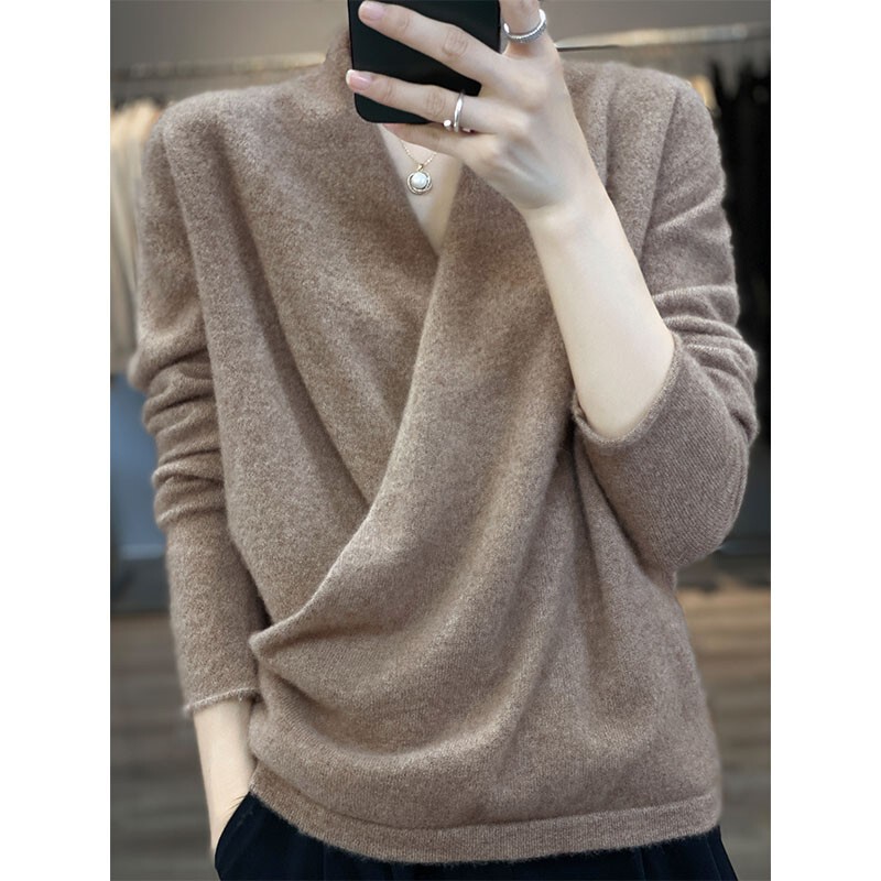 24-Year Classic Solid Color Pure Cashmere Sweater for Women, Long-Sleeve Loose Kimono-Style Knitwear with Crossover V-Neck, Wool Base Layer Sweater