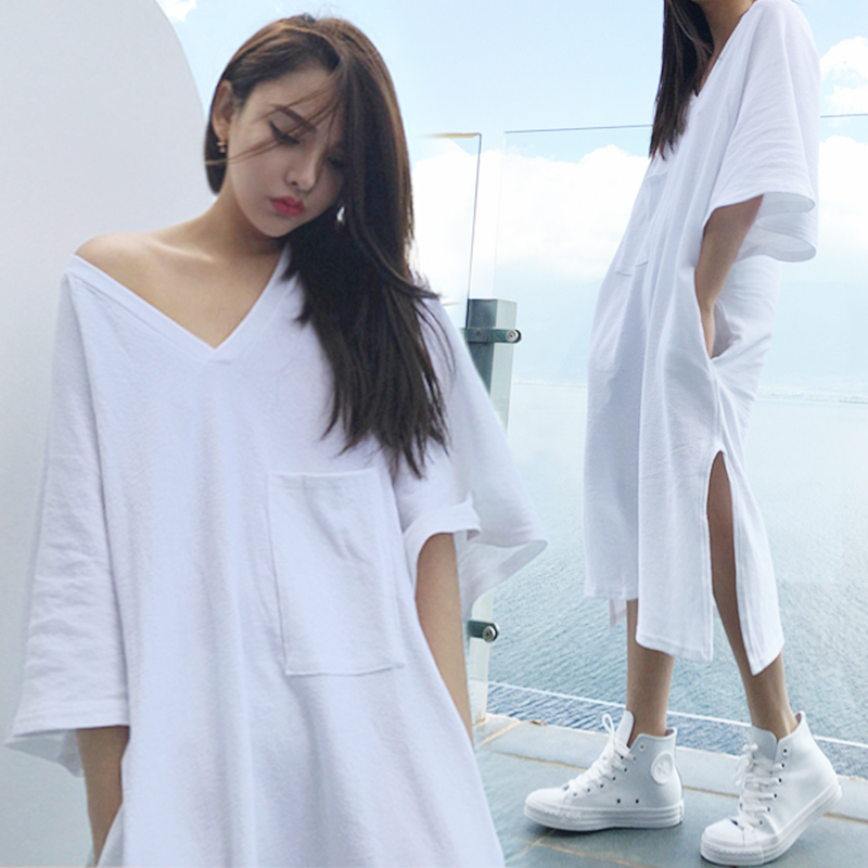 Night dress women's summer cotton Korean dress Pajamas mid-sleeve T-shirt V-neck sexy long dress can be worn outside spring white