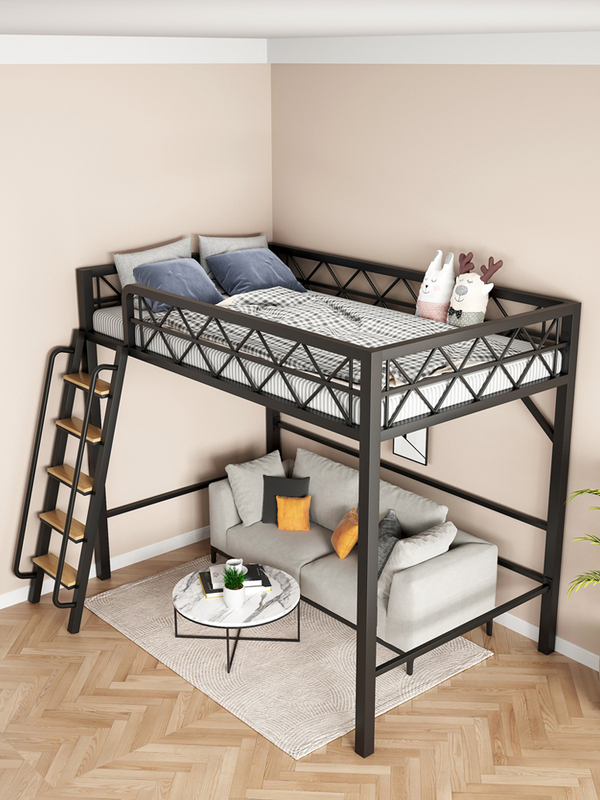 Wrought Iron Loft Bed with Upper Bunk and Desk Combination, Space-Saving for Small Apartments, Suspended Bed for Second Floor