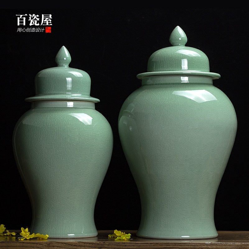 Chinese modern simple ceramic green general jar ornaments vase living room porch bogu shelf TV cabinet storage jar