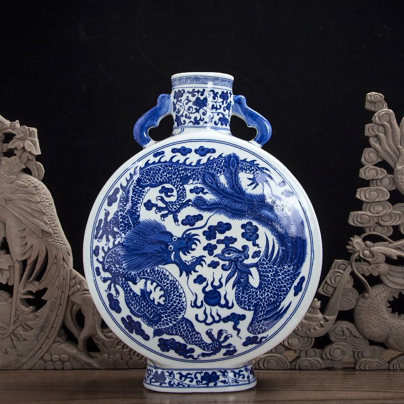 Jingdezhen ceramic new Chinese vase Dragon and phoenix flat bottle Blue and white porcelain Yuan Dynasty living room decoration cans soft ornaments