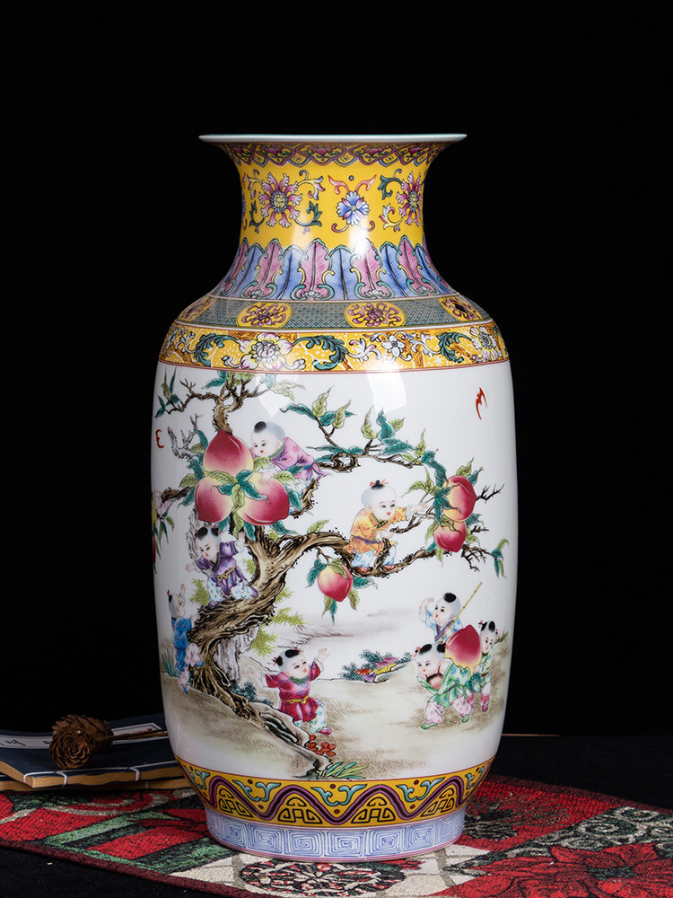 Jingdezhen powder hand-painted nine sons pan peach winter melon bottle ceramic decoration living room floor-to-ceiling vase flowers Xuanguan European style