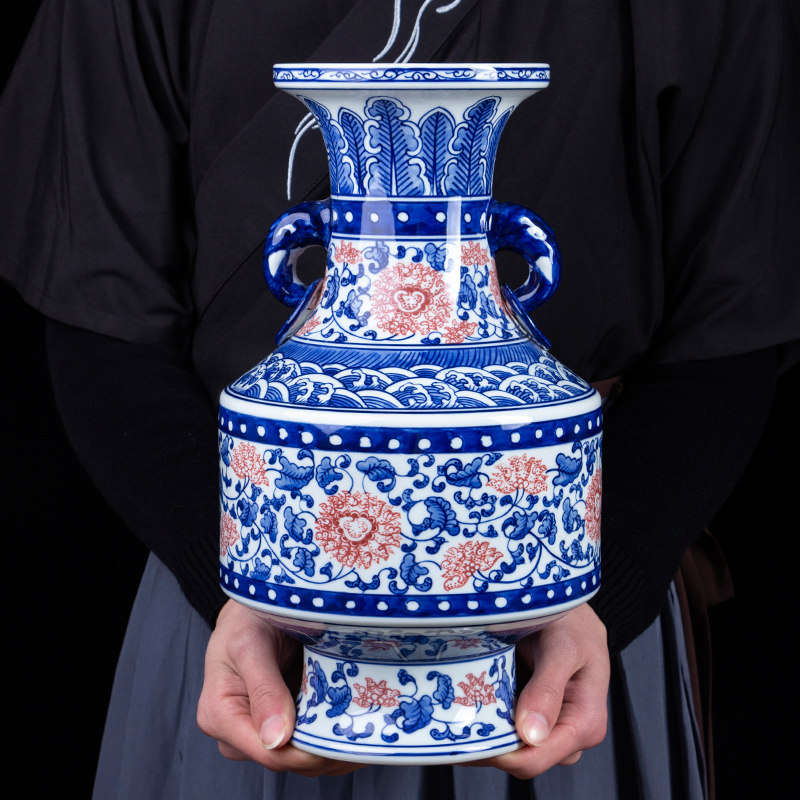 Modern hand-painted double-ear blue and white flower bottle ceramic vase decoration living room entrance flower arrangement Bogu frame artwork high-grade