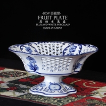 European high-end luxury new Chinese style modern blue and white hollow fruit plate Ceramic high foot coffee table TV cabinet ornaments