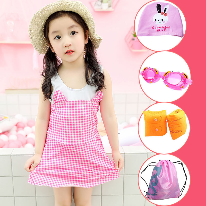 Korean version of children's bathing suit girl's cute female treasure princess plaid with flat corner beach spa for children's swimwear