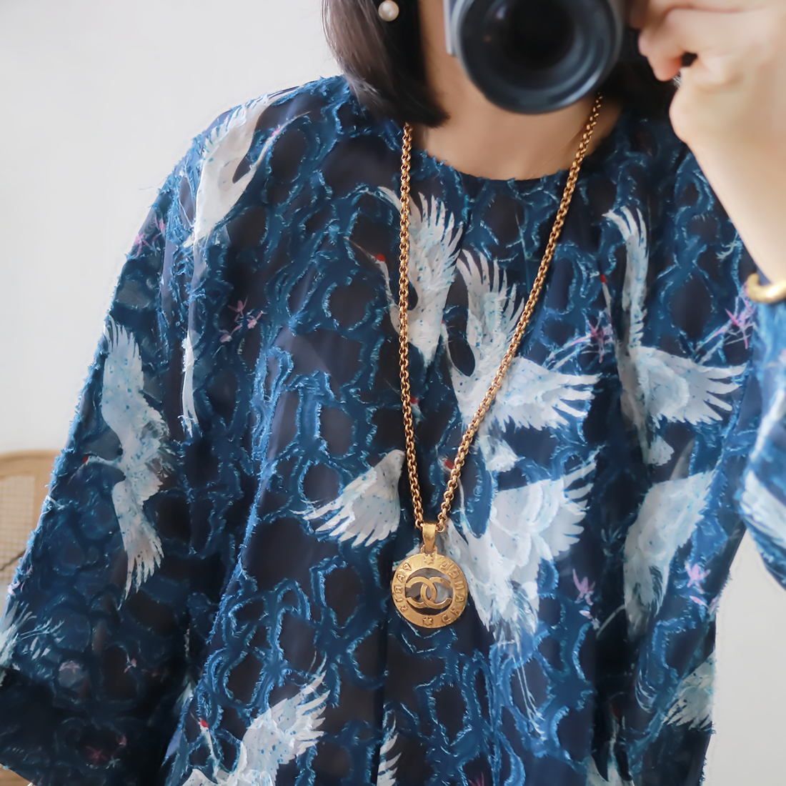 Ingenuity~High-end custom fabric Retro blue crane figure oblique lapel buckle silk loose modified cheongsam