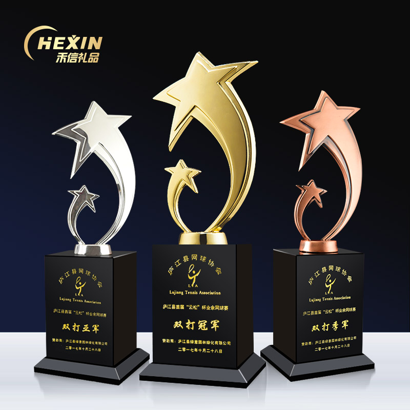 Crystal Trophy Set For Creative Resin Gold And Silver Bronze Competition Event Champion Upscale Metal Pentagram Medals Custom