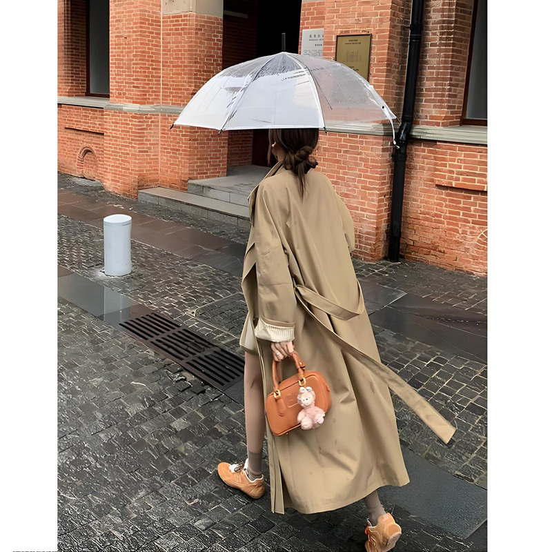 Tall Women's Trench Coat, Extra-Long Version, Casual Style, Khaki Color, Extended Length to Ankle, Loose Fit, Stand Collar Coat