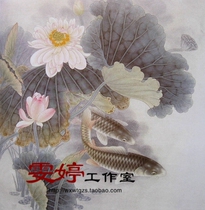 Gongbi painting white sketch background -- Carp lotus lotus pond more than a year of flowers and birds painting country professional Gongbi painting background