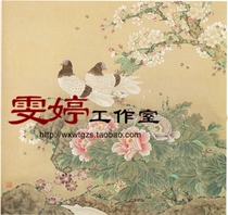 Gongbi painting white sketch background-Peony pigeon Chinese painting Calligraphy painting Flowers and birds painting Living room painting Industrial painting