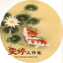 Gongbi painting flowers and birds white drawing background-round lotus lotus pond carp lotus Gongbi painting background Chinese painting calligraphy and painting