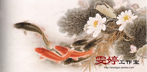 Gongbi line drawing sketchbook 4 feet fish music drawing Living room painting flowers and birds character assignment painting gift