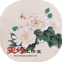 Gongbi painting white sketch background-fan surface round surface sketch Hibiscus Dragonfly Chinese painting calligraphy painting