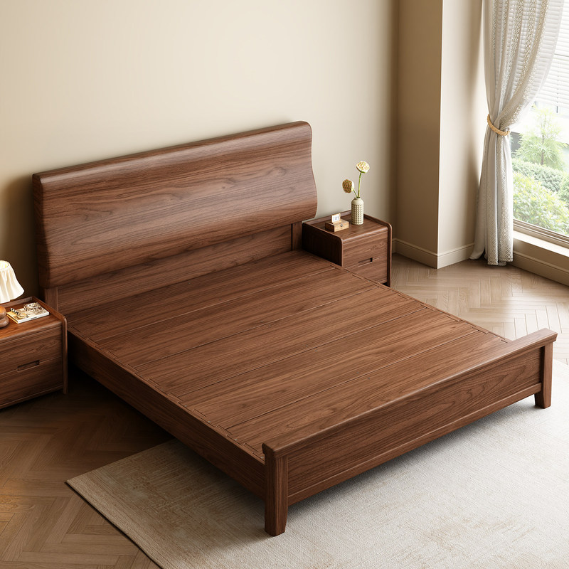 Guangdong Foshan All-Solid Wood Black Walnut Bed with Mortise and Tenon Joints, New Chinese Style Master Bedroom 1.8m Double Bed 2m X 2.2m