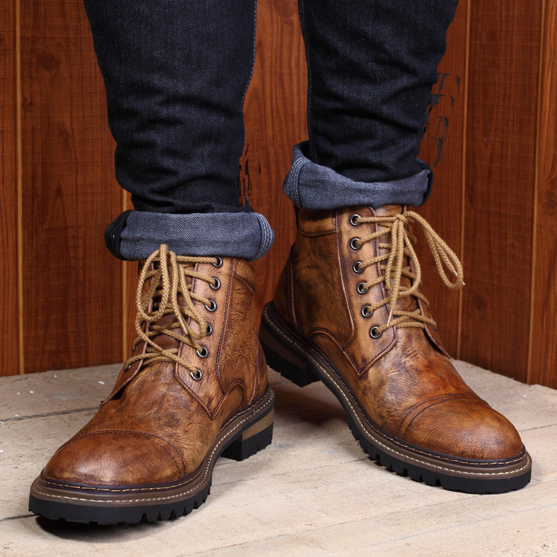 New European and American crude genuine leather retro tooling boots trendy hand made old male short boots thick bottom outdoor leather boots