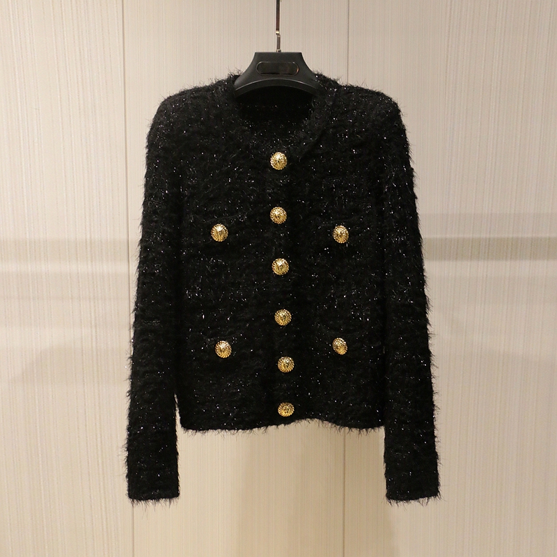 Chanel-Style Metal Buckle Shoulder-Padded Blazer, Elegant and Sophisticated Knitted Cardigan Sweater for Women, Autumn and Winter