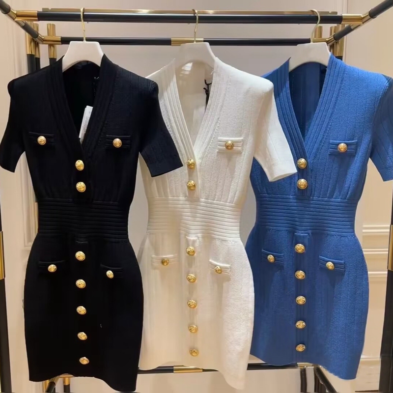 Chanel-Style Sexy Bodycon Slimming Waist-Cinching V-Neck Short-Sleeve Knitted Mini Dress with a Charming and Versatile Look for Women in Summer