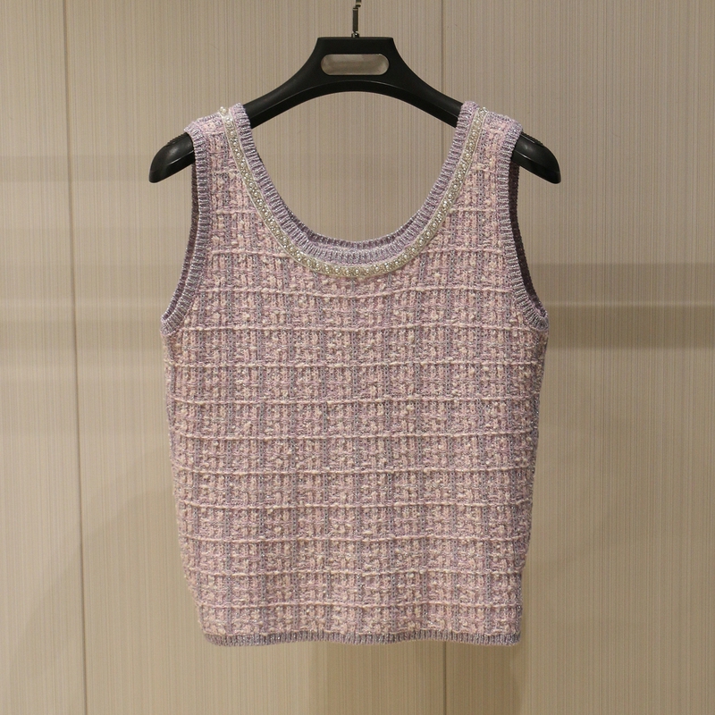 Tweed Style Sleeveless Vest, Short, Slim-Fitting, Slimming, Women's U-Neck Beaded Knitted Sleeveless Top, 2026 Summer New Product