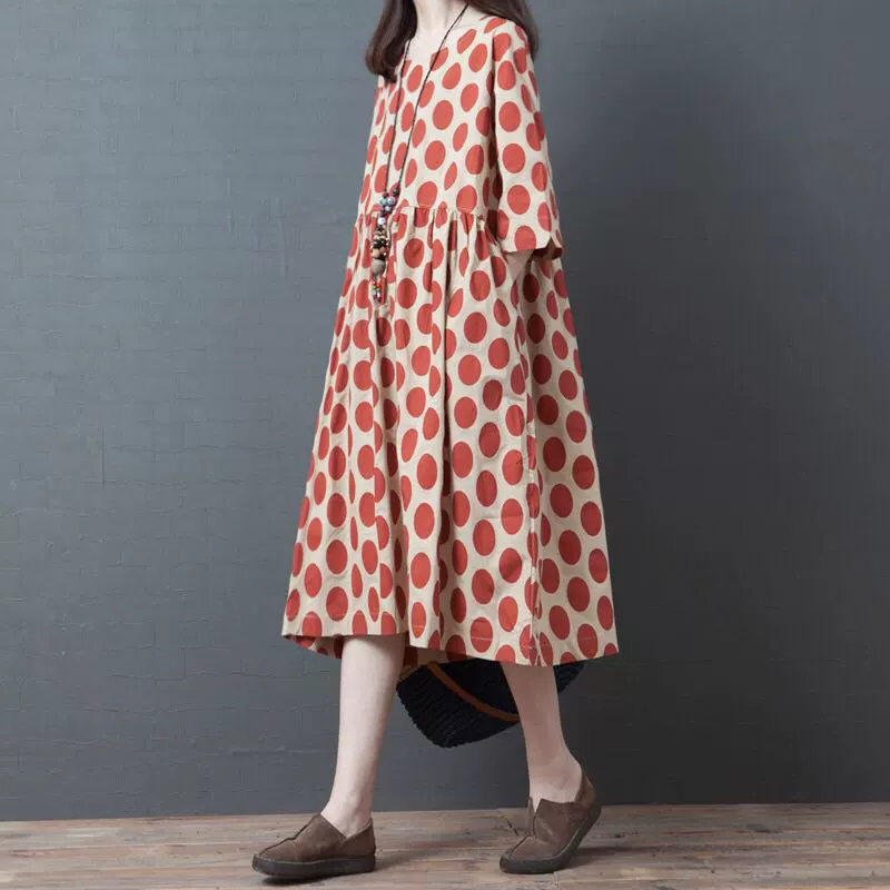 Mùa hè 2019 mới của phụ nữ cộng với kích thước chấm bi in cotton và váy lanh rộng retro ngắn tay dài lanh giữa váy dài - váy đầm