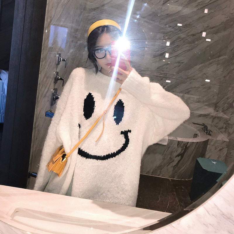 Gentle and the same style smiling face loose outerwear women's mid-length sweater autumn and winter new thickened pullover lazy wind sweater