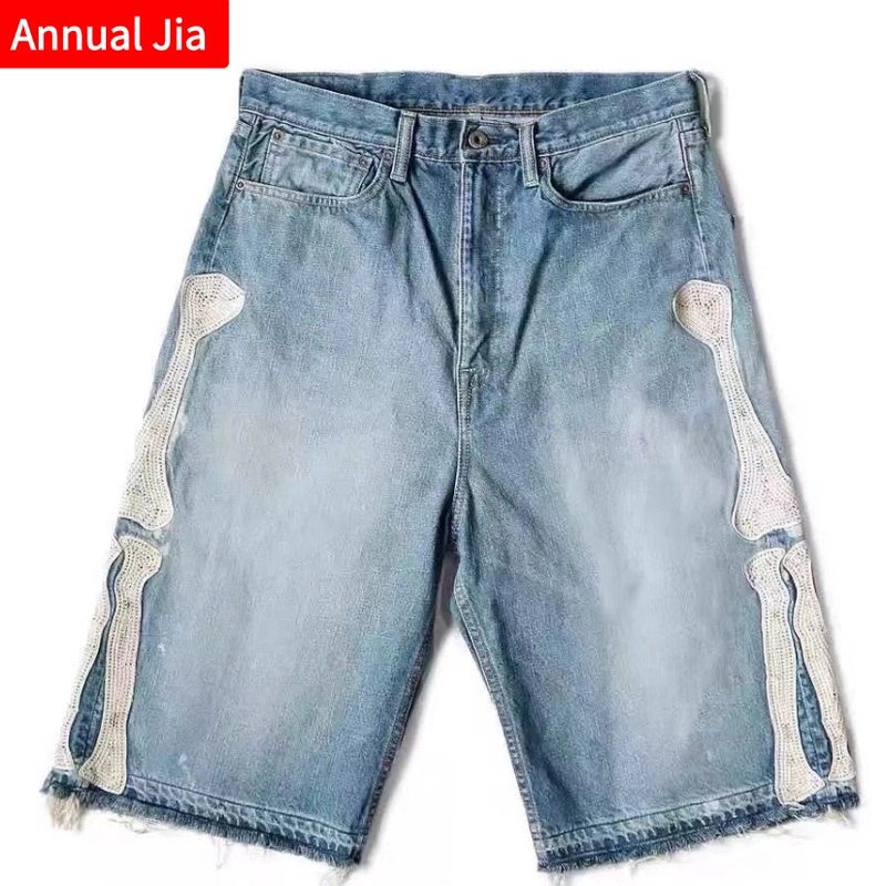 Kapital Vintage Hirata Kazuhiro Loose Casual Embroidered Bone Distressed Washed Denim Shorts