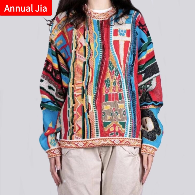 Kapital Vintage Hirata Kazuhiro Retro Color-Blocked Ethnic Green Lion Portrait Knitted Crew Neck Pullover Sweater