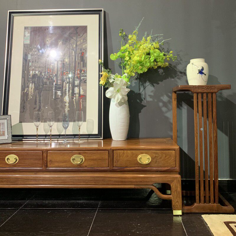 QAY home mahogany TV cabinet New Chinese living room solid wood floor cabinet hedgehog red sandalwood furniture TV cabinet log model