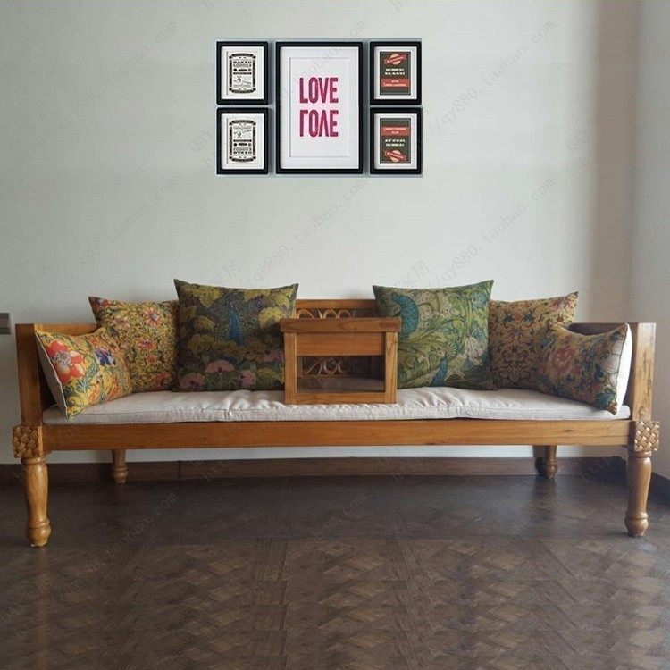 QAY home Southeast Asian furniture custom-made old elm teak color New Chinese solid wood three-man sofa Luohan bed 059