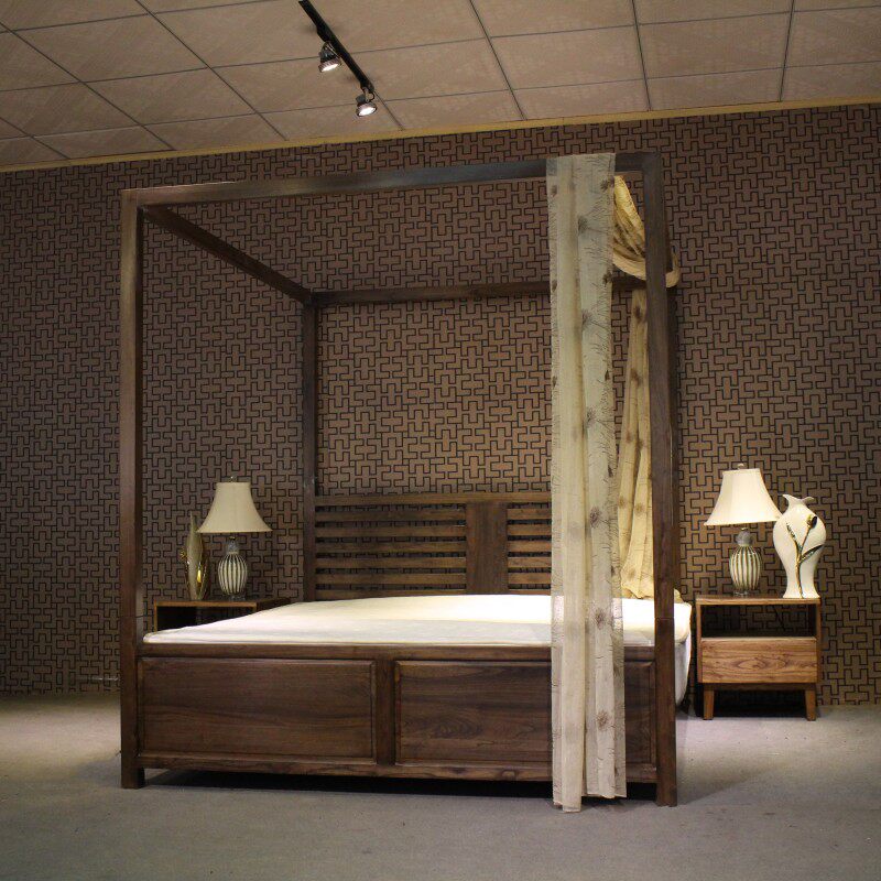 New Chinese imitation ancient four-column plus-size bed modern Nordic black walnut color four-column solid wood old elm wood shelf bed custom-made