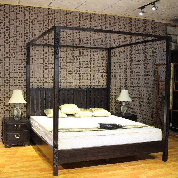 QAY home all solid wood new Chinese furniture old elm four column bed frame wedding bed dimensional mantle custom American bed