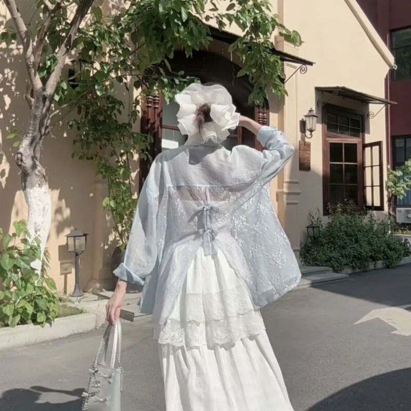 A Sweet Style Lace Bow White Shirt for Women, Pure and Alluring, Backless, Slit, Sun-Protective Shirt Jacket, French-Style Top A Sweet Style Lace Bow White Shirt for Women, Pure and Alluring, Backless, Slit, Sun-Protective Shirt Jacket, French-Style Top