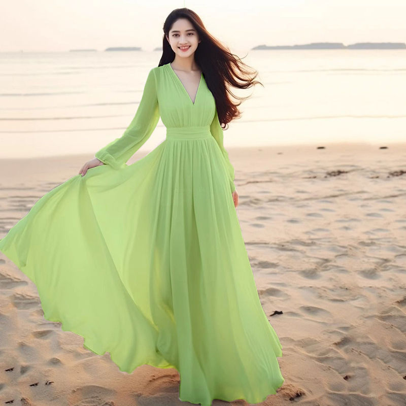 Beach Dress with a Large Hem, White Chiffon, Long Sleeves, New Style, Seaside Vacation, Elegant, Waist-Cinching, Super Fairy-Like, Bohemian Long Dress Beach Dress with a Large Hem, White Chiffon, Long Sleeves, New Style, Seaside Vacation, Elegant, Waist-Cinching, Super Fairy-Like, Bohemian Long Dress