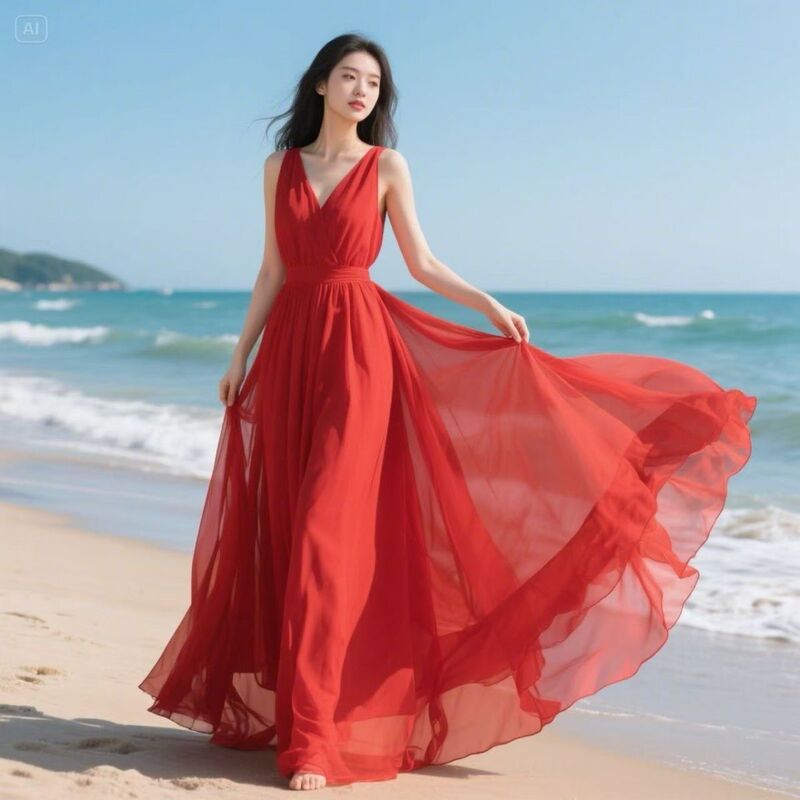 Red Dress, Chiffon Long Skirt, Over-The-Knee Skirt, Slimming and High-End, Seaside Vacation Dress, Beach Dress, Desert Long Dress