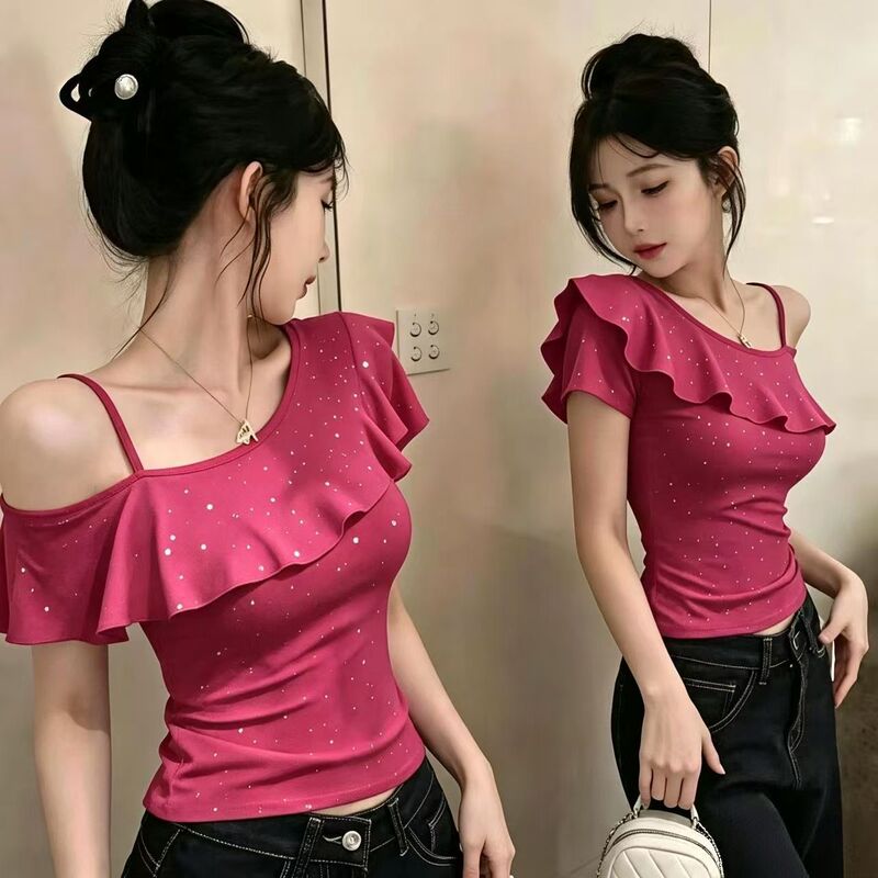 Ice Silk Ribbed Summer Starry Sky Slim Fit Ruffle T-Shirt, Age-Reducing Versatile Solid Color Sequin Top, Trendy