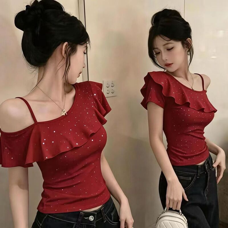 Ice Silk Ribbed Summer Starry Sky Slim Fit Ruffle T-Shirt, Age-Reducing Versatile Solid Color Sequin Top, Trendy