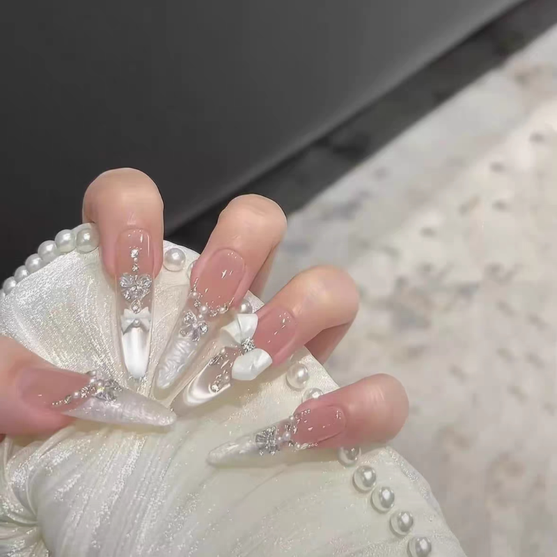 【White Lover】Handmade Wearable Nails, Gentle White French Style, Sweet Bow, Brightening and High-End Nail Art