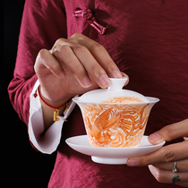 Hand-drawn ceramic cover bowl suet jade porcelain tea set hand-painted cup home Chinese pure handmade Dehua white porcelain court style