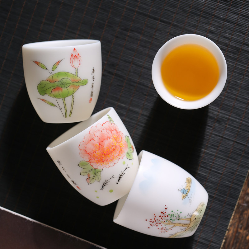 Sheep fat jade porcelain hand painted teacup Dehua white porcelain master cup Household tea set Vegetarian burning Kung Fu tea cup Agarwood cup