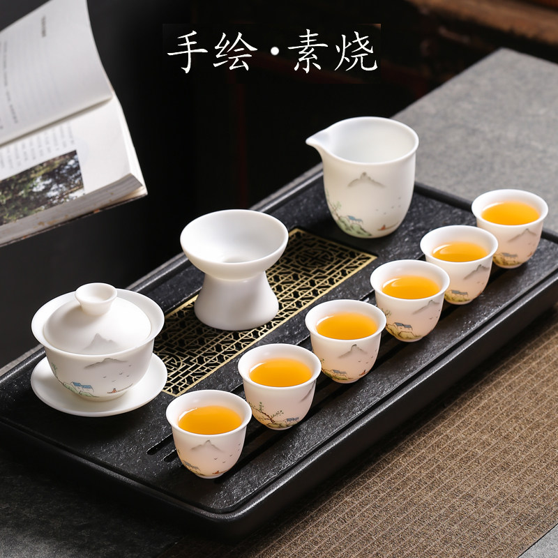 Dehua Goat Fat Jade Porcelain White Porcelain White Porcelain Vegetarian Fever Tea Furniture Set Group Home Living Room Hand-painted Cover Bowl Ceramic Tea Art Tea tea