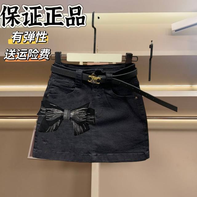 European black bow denim women's 2025 spring and autumn new trendy fashionable skirt sweet and slim short skirt