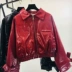 2020 mùa thu mới Hàn Quốc áo khoác da xe máy ngắn phụ nữ lỏng pu áo đỏ mỏng áo khoác da giản dị - Quần áo da