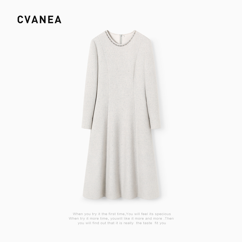 Cvanea LAOSHU Handmade Beaded Elegant Wool Warm Slim-Fit Long-Sleeve Dress for Women in Autumn