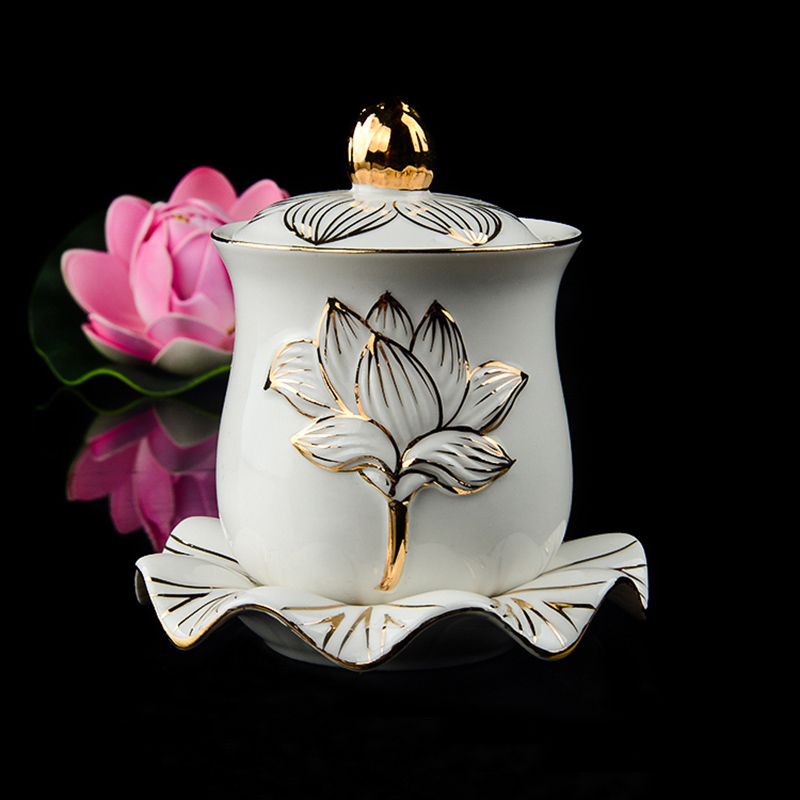 Boutique white jade porcelain sketching gold for water glass large tragically water for the Buddha's cup Lotus for the cup of the Holy Water Cup