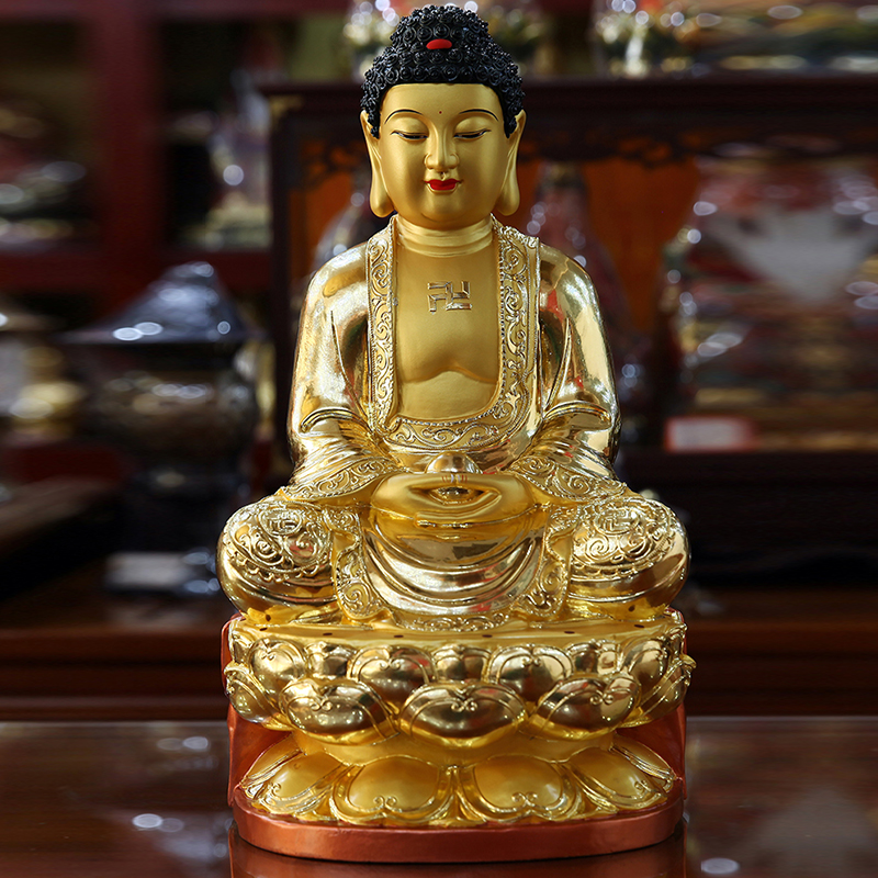 Affixed with gold leaf solid wood Shakyamuni Buddha Buddha statue Amitabha Buddha Statue Shakyamuni Sambo Buddha Tathagata Buddha ornaments