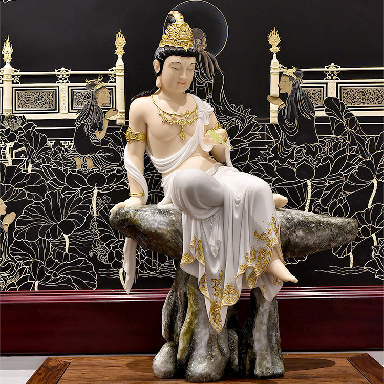 Foyer boutique stone sculpted Han white jade dripping Guanyin BodhisattBodhisattva Buddha's living room dedicated to the mercy of the pendulum Zen Yue Guanyin sitting