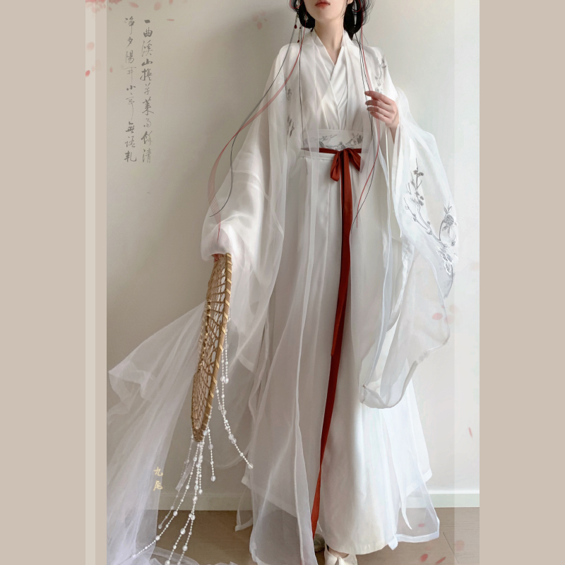 Spring Breeze Doesn'T Speak Original [Pear Blossom Pavilion] New Style Large Sleeve Straight Hem Heavy Embroidery Daily Cool Style Super Fairy Outfit