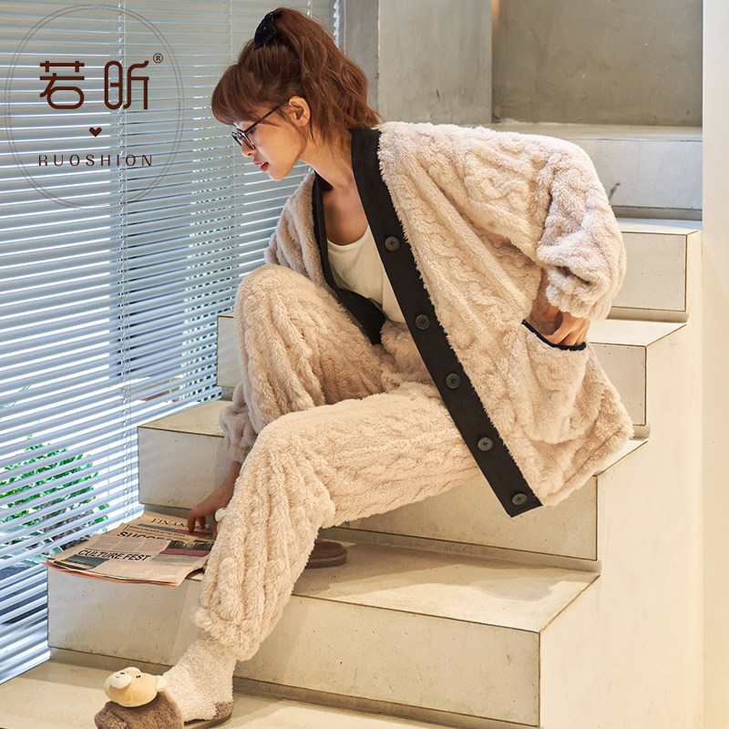 Coral Fleece Pyjamas Lady Spring Autumn Winter Money Sweet And Cute Thickened Flannel Suede Suit Students Warm Family Clothes